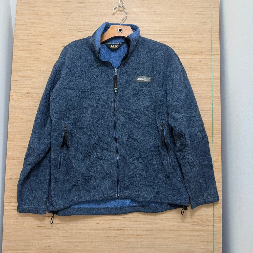 REI Polartec Full Zip Fleece Jacket Mens Blue Large High Pile Mock Neck 6153